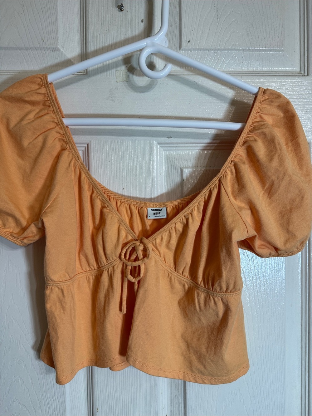 Sunday Best Kaia from Aritzia Tie-Front Puff-Sleeve Baby Doll Crop Top Sz Small